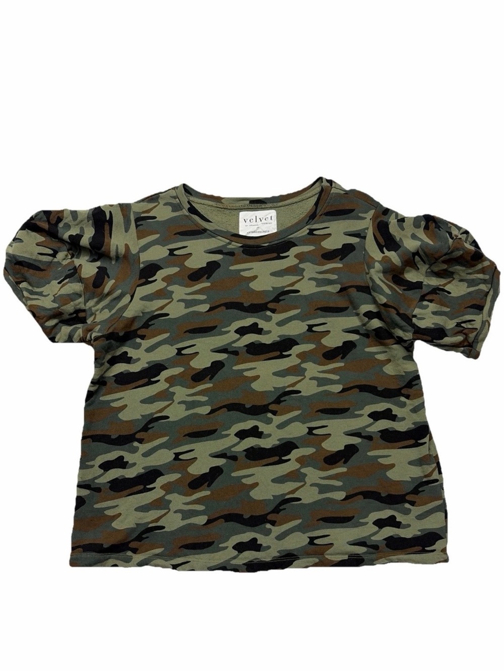 Anthropologie Velvet By Graham Spencer Green Camo Puff Sleeve Sweat Top Womens L